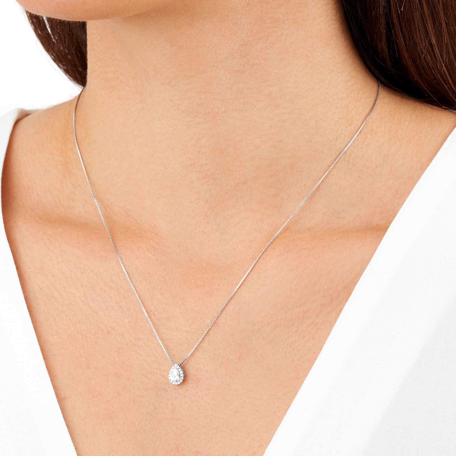 Goldsmiths 18ct White Gold 0.40ct Pear Halo Goldsmiths Brightest Diamond Pendant