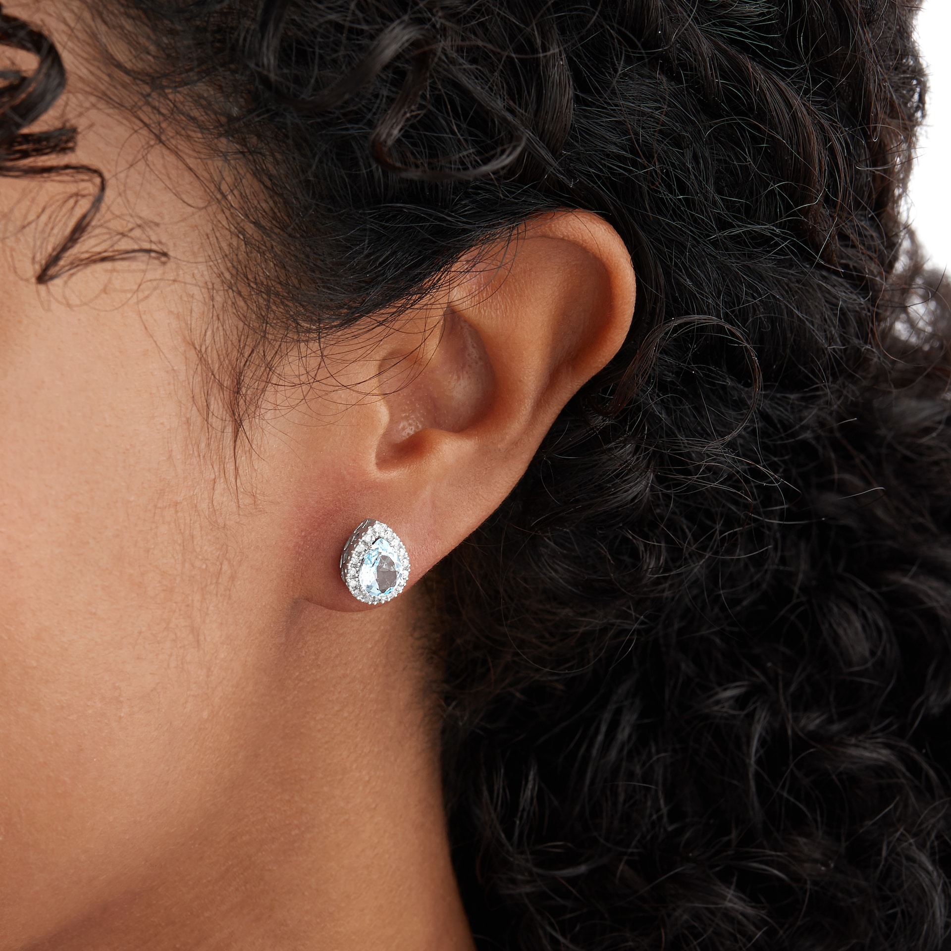 Goldsmiths 9ct White Gold Blue Topaz & Diamond Pear Halo Stud Earrings