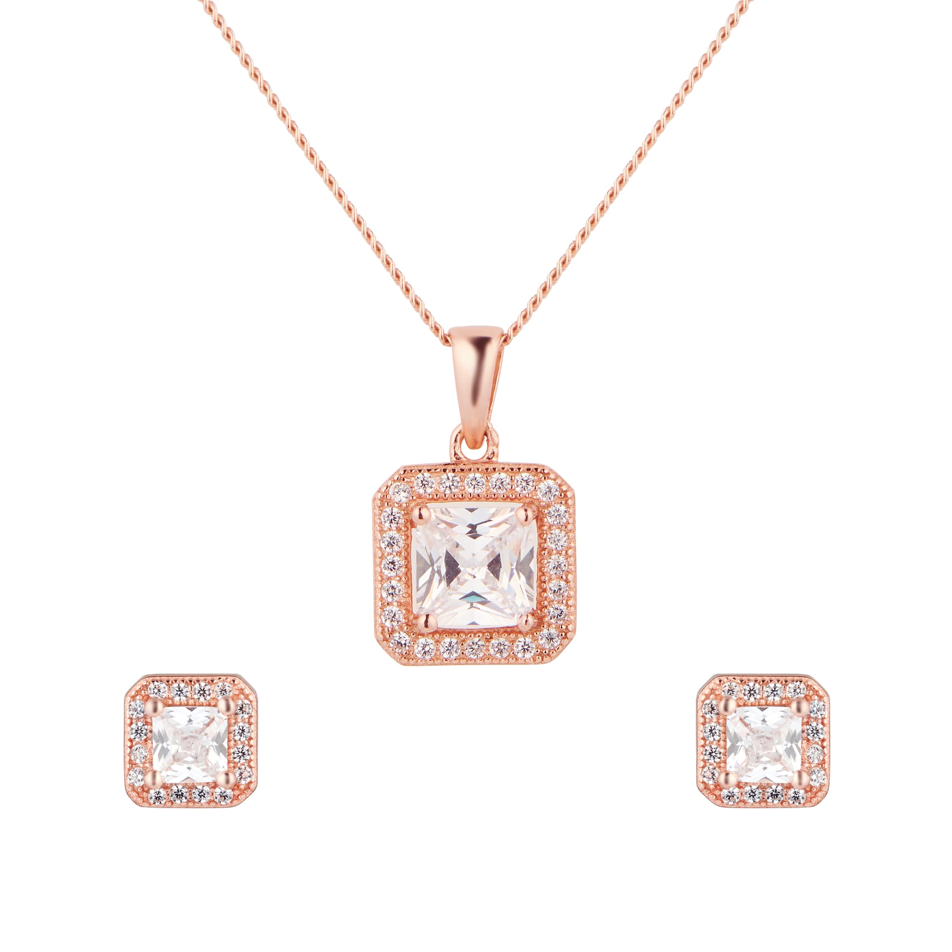 Goldsmiths Rose Gold Plated Silver Cushion Cubic Zirconia Necklace & Earrings Set