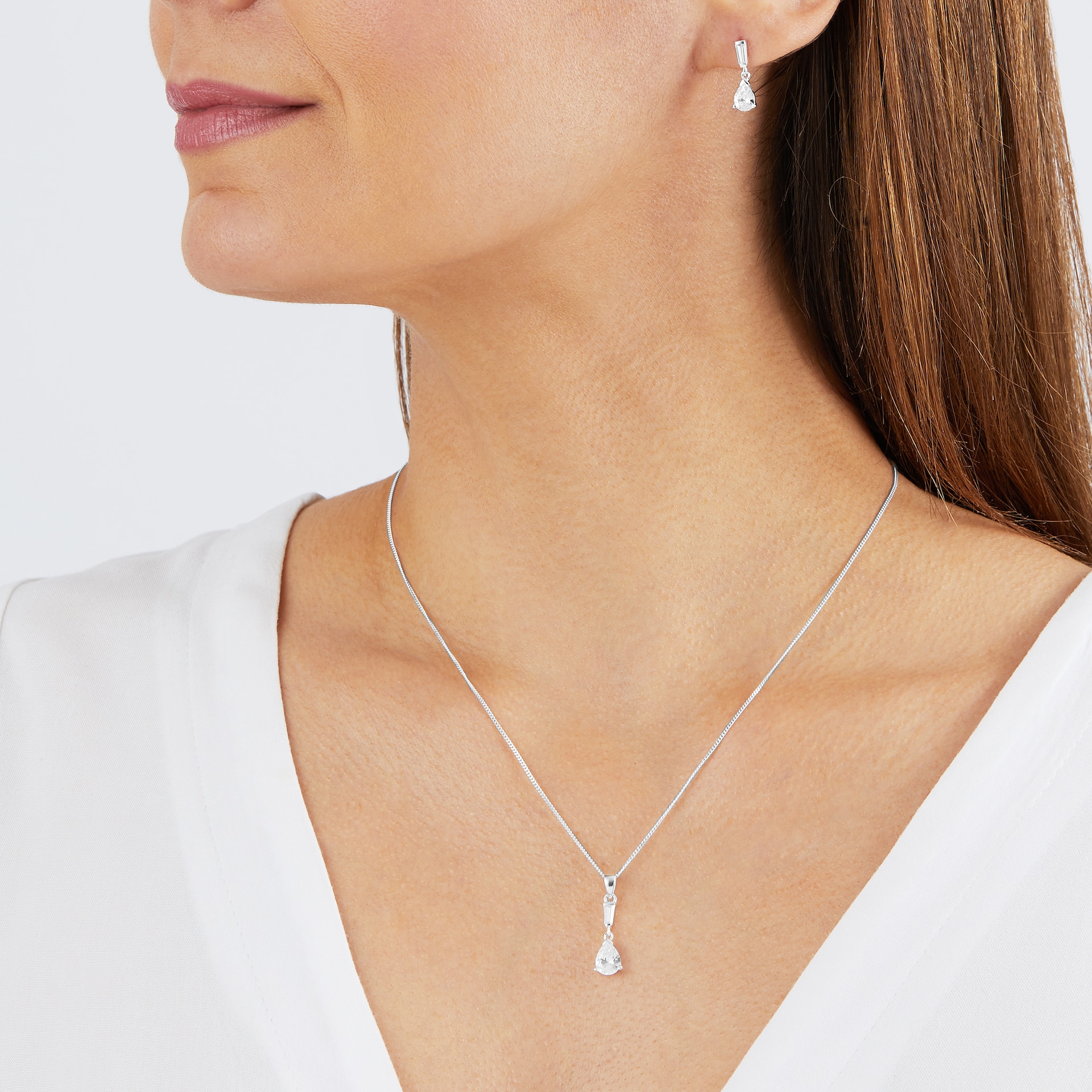 Goldsmiths Silver Cubic Zirconia Pear Pendant & Drop Earrings Set